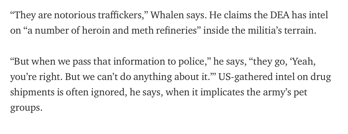 The thing about these Myanmar super labs — everyone knew they were there. The army, the cops, the DEA, indigenous groups, Chinese intelligence.I was writing about the labs' existence in that area five years ago. It wasn't a secret. (1/11) https://gpinvestigations.pri.org/myanmars-state-backed-militias-are-flooding-asia-with-meth-558fa7f9ac53