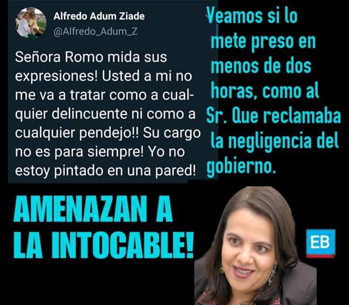 AlexDanielCede2's tweet photo. @mariapaularomo si tienes un poco de sangre en la cara manda a encarcelar a este individuo por que este si te esta amenazando, así como cuando mandaste a detener a un ciudadano que solo decía que no estaba de acuerdo con el @peorgobirno.... https://t.co/wibmQRrA6E