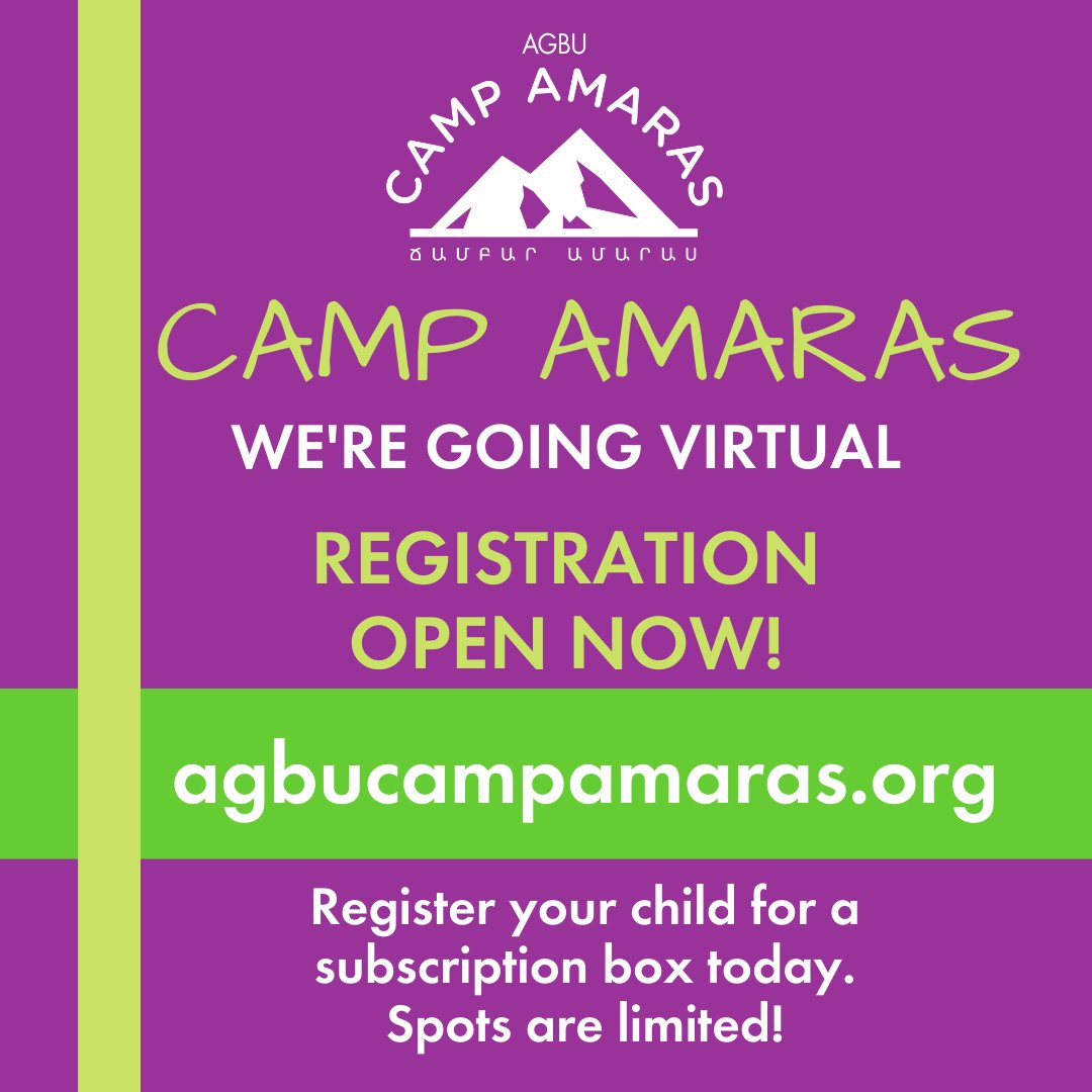 AGBUWR's tweet photo. Virtual AGBU Camp Amaras has officially launched FREE live activity dates and subscription box pick-up dates! Make sure to visit https://t.co/PAzu4TkBgW to register TODAY! *Boxes are limited*
#AGBUCampAmaras #SummerCamp ##VirtualSummerCamp #LosAngeles #AGBUInUnity https://t.co/GZCtEMZmoh