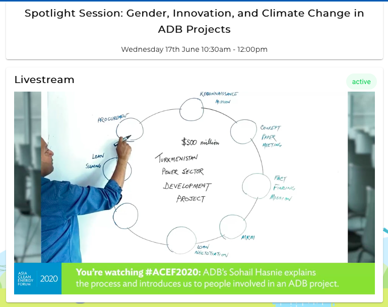 ACEF_Forum's tweet photo. #VirtualACEF2020 day 3 has started! HN: Spotlight Session on Gender, Innovation, &amp; #ClimateChange in @ADB_HQ projects; Planning, Designing, and Building for #ClimateResilience #VirtualACEF #ACEF2020 @shasnie https://t.co/NXf6E4vEWe