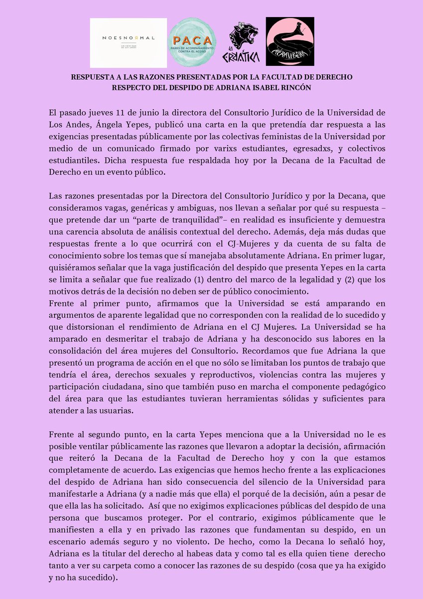 PacaUniandes's tweet photo. La Facultad de Derecho no puede seguir siendo el lugar en el que se reproduzcan dinámicas violentas y revictimizantes. No se pueden amparar más en la supuesta legalidad del despido de Adriana 

#EstamosContigoAdriana #UniandesResponda 
@uniandes @UniandesDerecho @agaviriau https://t.co/R0Aze9jFBp