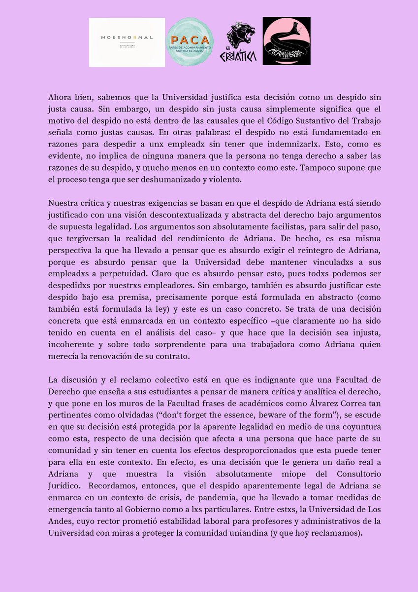 PacaUniandes's tweet photo. La Facultad de Derecho no puede seguir siendo el lugar en el que se reproduzcan dinámicas violentas y revictimizantes. No se pueden amparar más en la supuesta legalidad del despido de Adriana 

#EstamosContigoAdriana #UniandesResponda 
@uniandes @UniandesDerecho @agaviriau https://t.co/R0Aze9jFBp