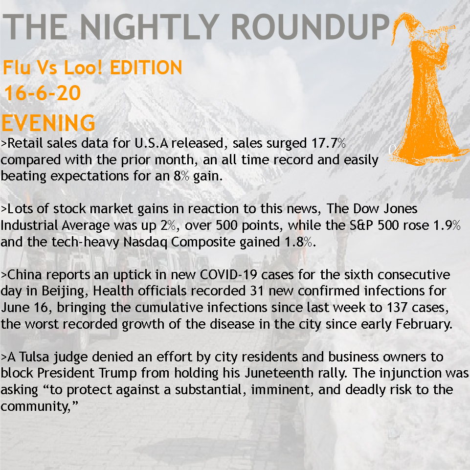 NightlyRoundup's tweet photo. The Nightly Roundup
15th June, 2020
Loo Vs Flu! EDITION
EVENING

#Trump   #seattleprotests #chaz #antifa #NYPD #AtlantaProtests #BlackLivesMatter #SupremeCourtRuling #Biden2020 #PlannedParenthood #Bolton #google #JUNETEENTH2020 #chinaindiaborder #IndiaChinaFaceOff https://t.co/z6G3DFMBWb