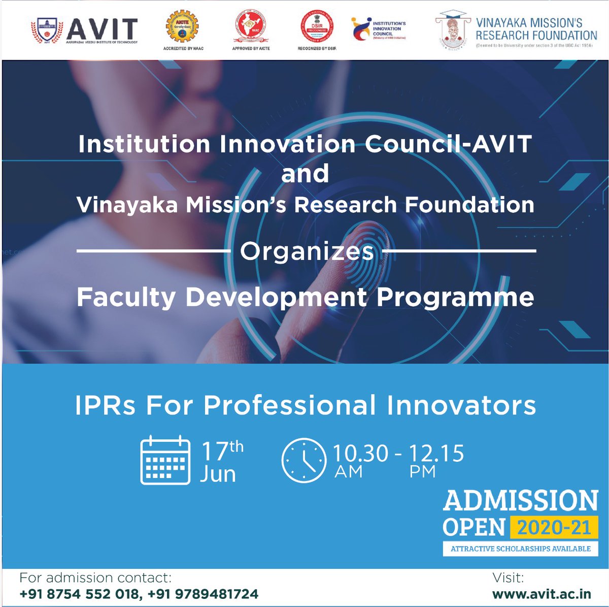 AVITChennai's tweet photo. Institution Innovation Council and Vinayaka Mission’s Research Foundation organizes a Faculty Development Programme on topic IPR’s for Professional Innovators.
Online Registration: https://t.co/geXdVZYPA2
#AVIT_FDP #onine_session #IIC #VMRF #faculty_development #IPR #webinar https://t.co/RHrI6C9YW7