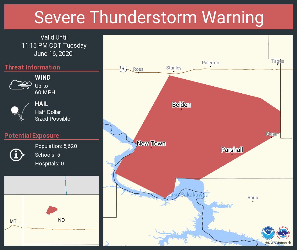 Severe Thunderstorm Warning including New Town ND, Parshall ND, Belden