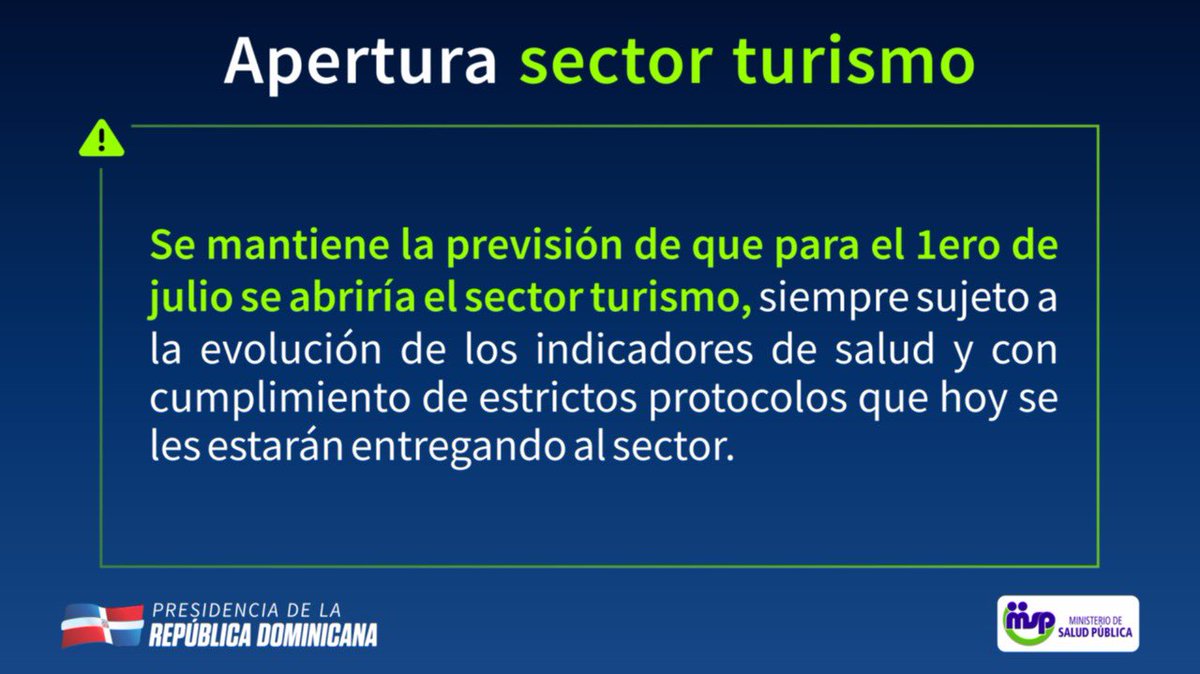 Sector #turismoRD comenzará apertura a partir del 1ro. de julio cumpliendo protocolos sanitarios para evitar contagios del #Covid_19 

#CovidianidadRD