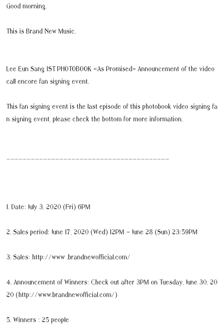 LESFanUnion's tweet image. 📢 "As Promised" Encore Virtual Fansign Event

📍Date: July 3, 6PM KST
📍Selling period: June 17 12 PM - June 28 23:59 PM 
📍Purchase at: http : //www.brandnewofficial.com/ 
📍 Announcement of winners: June 30 3PM @BN_Music website
📍Winners: 25
#이은상 #LEEEUNSANG  #AsPromised