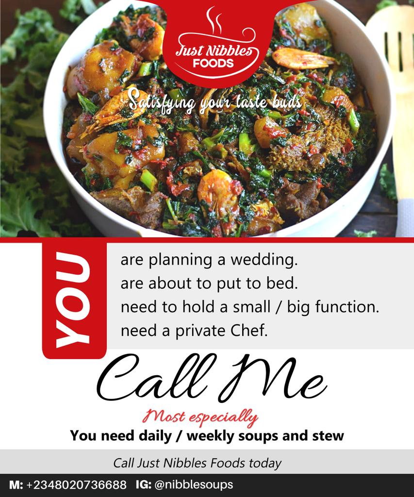 nibblesoups's tweet image. Are you hungry? 
We make delicious bespoke meals
Call us today on +2348020736688 or send a message on WhatsApp.
Kindly retweet my customer might be on your TL..Thank you #justnibblesfoods 
#nibblesoups 
#Adeherself #Ajimobi