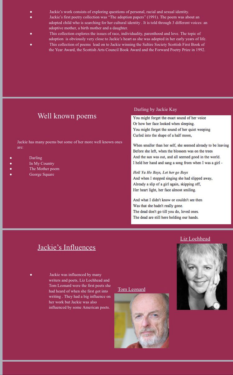 AlfordEnglish's tweet image. Katie completed some research on our Scots makar @JackieKayPoet before we study her poetry for National 5 🖊📖💫 #scottishsettext #jackiekay #research #N5 #learningandengagement