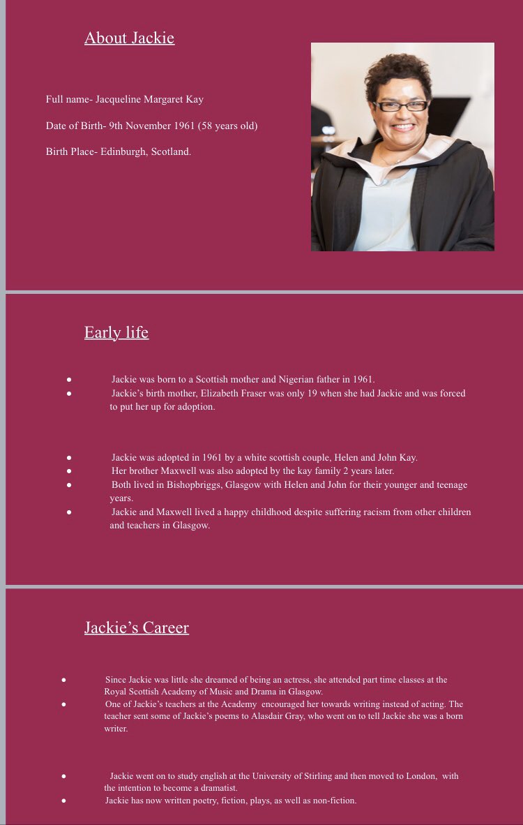 AlfordEnglish's tweet image. Katie completed some research on our Scots makar @JackieKayPoet before we study her poetry for National 5 🖊📖💫 #scottishsettext #jackiekay #research #N5 #learningandengagement