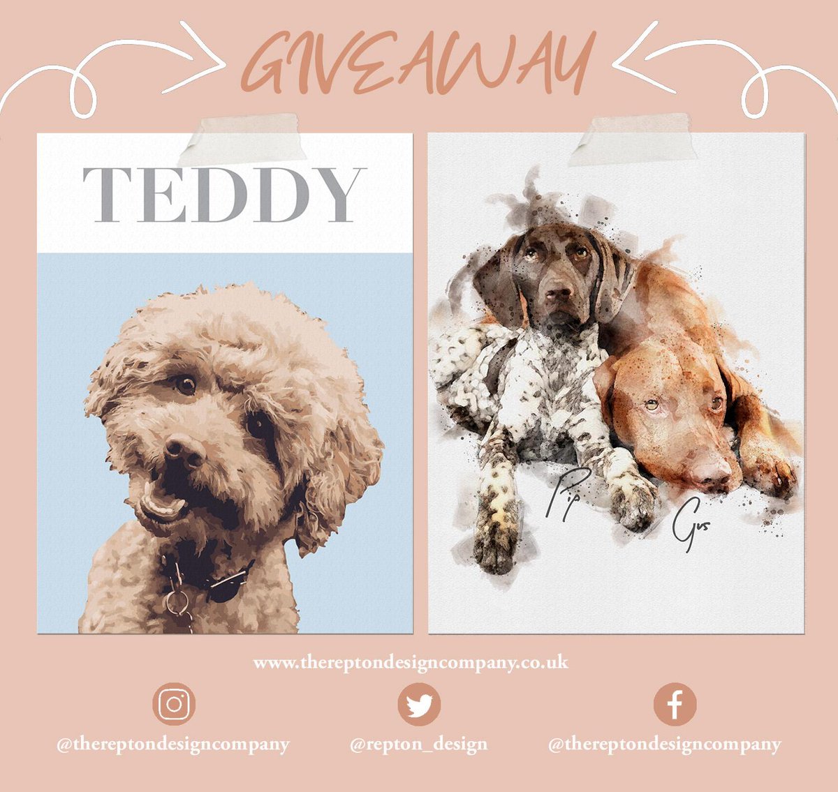 repton_design's tweet photo. ***GIVEAWAY***

To celebrate a new design style I am giving away a personalised pet pawtrait of your precious pet🐾 (you can choose from either style pictured and we can do any pet). 

To win simply:
✔️ Like
✔️Retweet
✔️Follow our page

Good luck 🍀🐶

#giveaway #petportraits https://t.co/IBuHiqOkTR