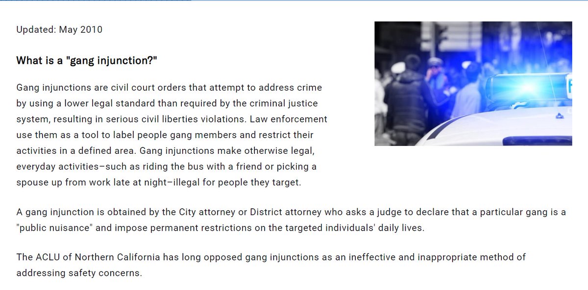 PROBLEM PROSECUTOR Gang Injunctions radically depart from Constitutional Due Process and permanently limit the otherwise legal activities of black and brown youth without evidentiary support. Dissolve Gang Injunctions @ACLU_NorCalSee https://www.aclunc.org/sites/default/files/asset_upload_file595_9124.pdf