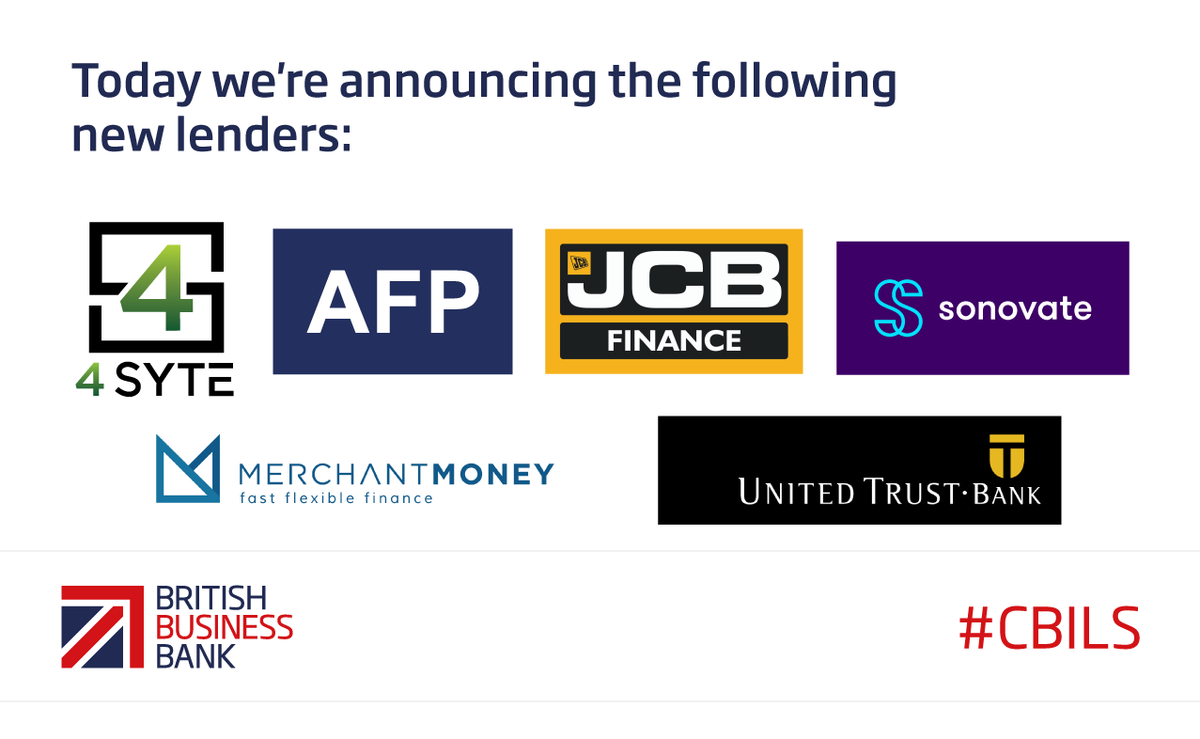 Six lenders have been approved for accreditation under the Coronavirus Business Interruption Loan Scheme: <a href="/4Syte_Ltd/">4Syte Ltd</a>, Asset Finance Partners, <a href="/JCBFinance/">JCB Finance</a>, <a href="/Sonovate/">Sonovate</a>, @MerchantMoneyUK, <a href="/UnitedTrustBank/">United Trust Bank</a> #CBILS
Find out more: bit.ly/2N3GhOK