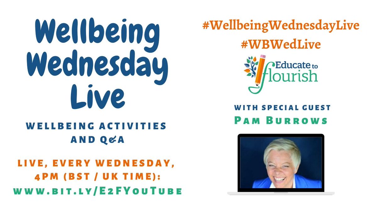 EduFlourish's tweet photo. Join us at 4pm BST for #WellbeingWednesdayLive with @PamBurrows. She'll share tips to bust #burnout ...PLUS a secret link to a page full of resources she usually only shares with workshop delegates!
https://t.co/7TNDSI5xIB
#WBWed #WellbeingWednesday #wellbeing #edutwitter https://t.co/UZZqZSrdYI