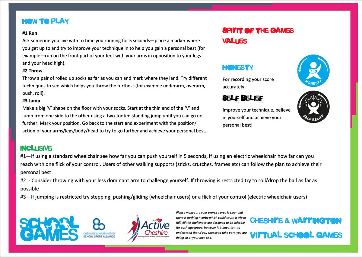 CWSchoolGames's tweet photo. The 7th #CheshireVirtualGames Challenge is here &amp; its all about athletics.
Check out the resource to have a go at THREE different activities! 🏃‍♀️🏃‍♂️👩‍🦽💪🥇
Remember to tag your local SSP or School Games Organiser, @ActiveCheshire &amp; your school in on your efforts!
#StayHomeStayActive https://t.co/v2ILuP0IYn