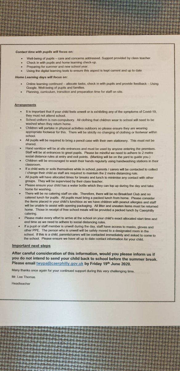 TwynSchool's tweet photo. Please check you Parent Mail today. You will find a letter detailing how we are going back to school. Please email school on twypa@caerphilly.gov.uk if your child is NOT returning to school before the Summer break. IT IS OPTIONAL IF THEY RETURN OR NOT! Please respond by Friday. https://t.co/8Ue4bKmUoS