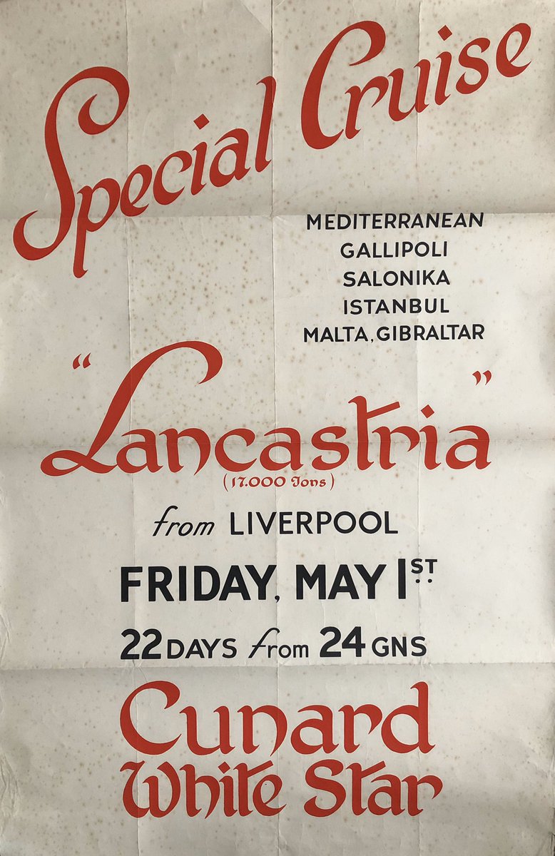 In 1936 the Cunard White Star cruise ship RMS Lancastria took a large party of First World War veterans on a pilgrimage cruise to their former battlefields and the  #GreatWarHutsCollection has a number of Lancastria tour artefacts including a cruise poster for the trip...1/