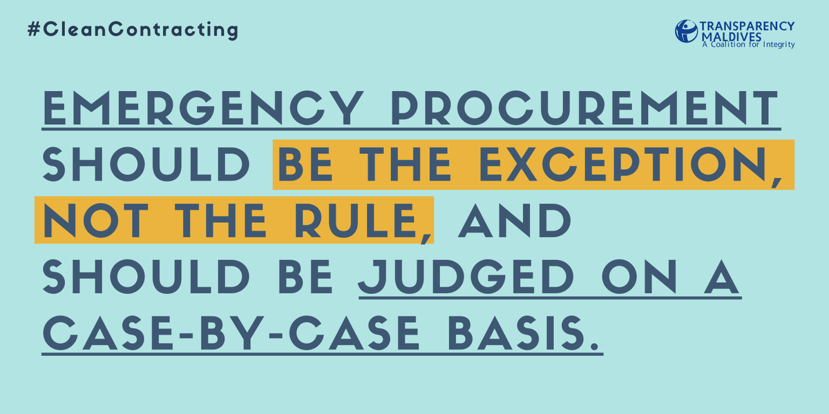 TransparencyMV's tweet photo. The emergency procedure should not be used as an umbrella justification for all procurement that takes place during this crisis. There should be continuous assessments of whether single source procurement procedure is justified. 

#CleanContracting https://t.co/fq3KzvDd32