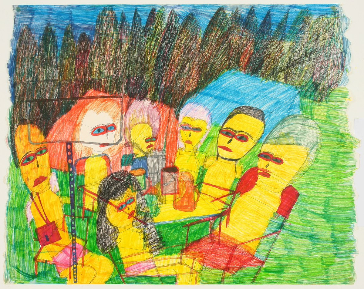 1 𝒋𝒐𝒖𝒓, 1 𝒄𝒓𝒆́𝒂𝒕𝒆𝒖𝒓, 1 𝒐𝒆𝒖𝒗𝒓𝒆
𝑹𝒐𝒚 𝑾𝒆𝒏𝒛𝒆𝒍
Il ne sait, ne peut, ni lire ni écrire et s'exprime difficilement. Mais il a une excellente mémoire dans laquelle il fixe personnages et situations qu'il reproduit sur la feuille au crayon de couleur et/ou pastel