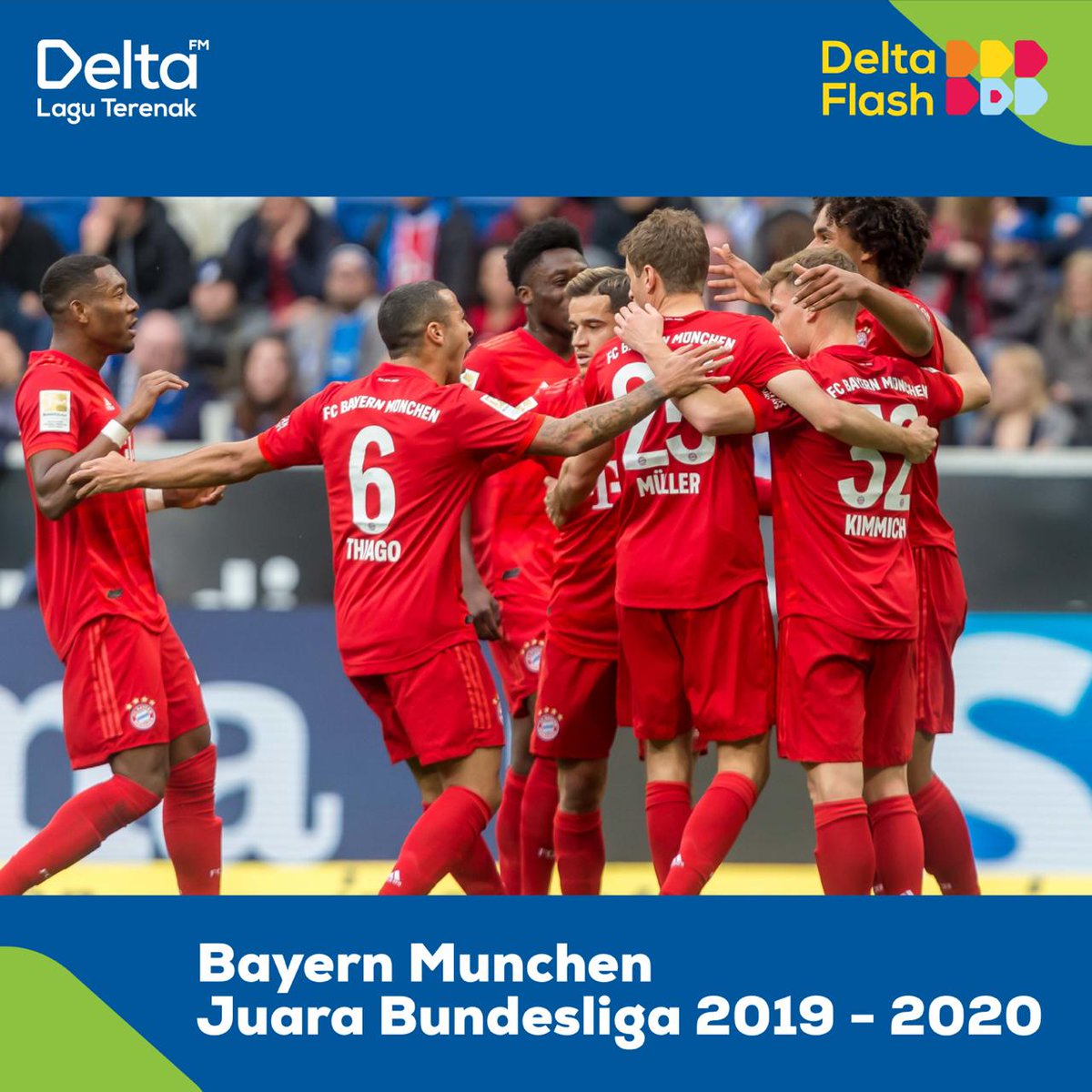 Delta_FM's tweet photo. kabar terbaru dari dunia sepakbola khususnya Bundesliga. Bayern Muchen resmi menjadi juara Bundesliga 2019/2020. Tambahan tiga poin dari laga lawan Bremen membuat koleksi poin Munchen menjadi 76 poin.
Dengerin terus update berita terkini di #DeltaFlash https://t.co/LCQSc2wFUK
