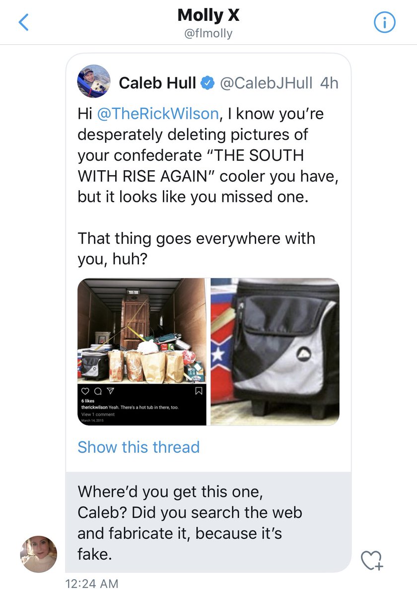 Rick Wilson’s wife, Molly, just rage DMed me claiming the photos of their confederate “THE SOUTH WILL RISE AGAIN” cooler is fake.I sent her the instagram link, which is still live, and then nuked her.It all started when he tried to cancel Domino’s.RIP Rick and Molly Wilson