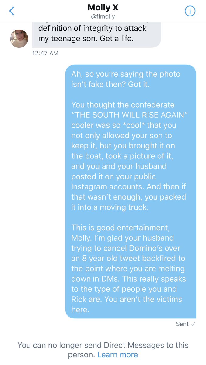 OH, YOU THOUGHT THIS SAGA WAS OVER? NOPEEEEERick Wilson’s wife continued to DM me then admitting that the photo of the confederate cooler was *NOT* fake as she previously claimed.After I responded, she blocked me. 