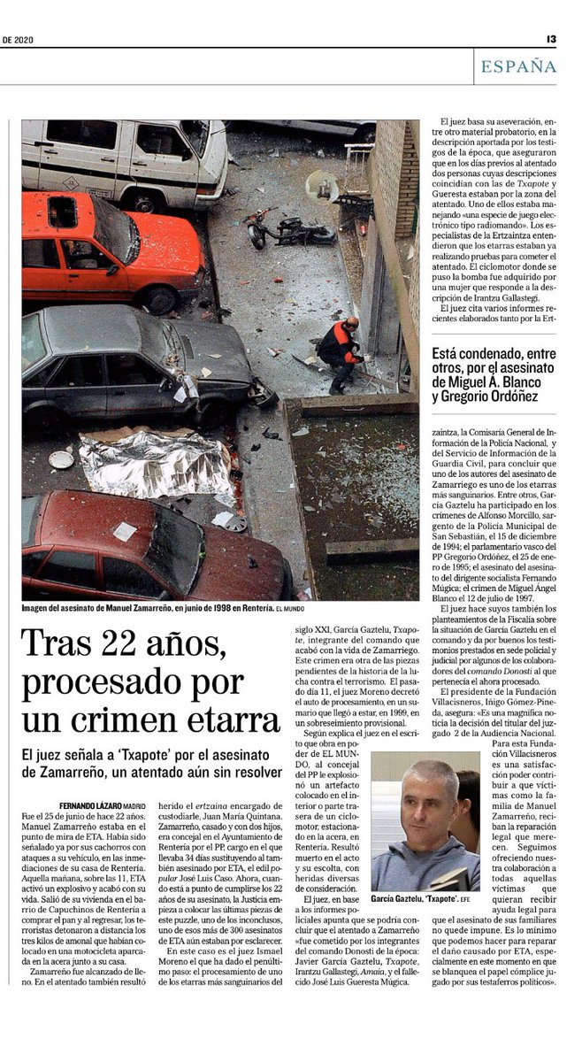 Una decisión judicial que reconcilia a las víctimas del terrorismo con la Justicia. Gracias a @FVillacisneros por ayudar a terminar con la impunidad de los crímenes de ETA sin resolver.