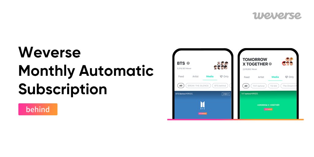 매번 구매할 필요 없이 월 정기 결제 서비스로 간편하게! BTS behind 또는 TXT behind 월 정기 결제 이용권 구매 시, 각 아티스트의 behind 콘텐츠를 제한없이 이용할 수 있어요. 기간 종료 후 자동으로 결제가 갱신됩니다. BTS behind👉weverse.onelink.me/qt3S/de124e94 TXT behind👉weverse.onelink.me/qt3S/aa7a0199