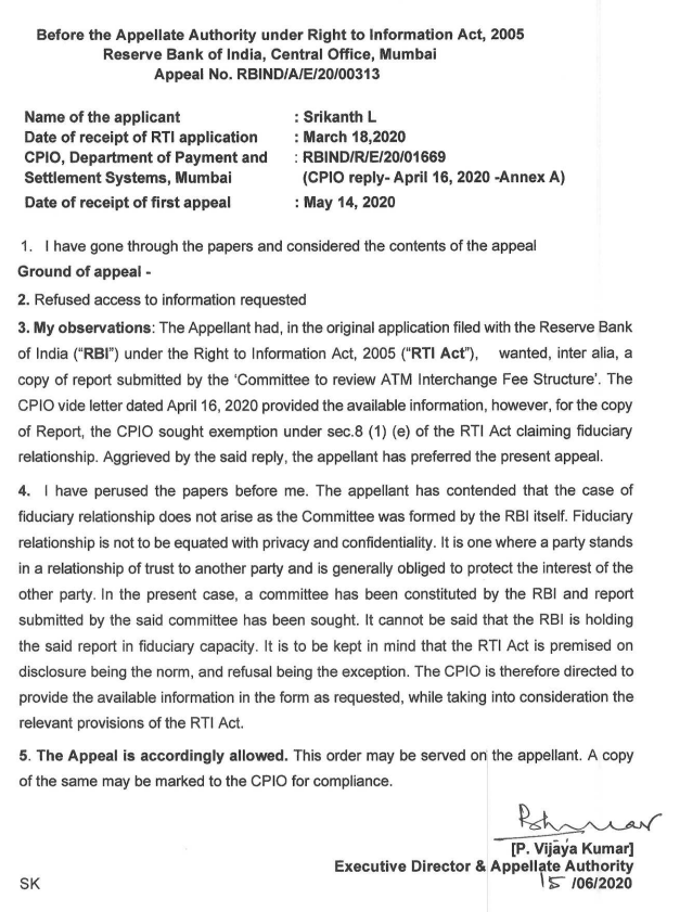 logic's tweet photo. #CashlessConsumer #RTI #WIN - The appeal has been allowed and CPIO has been asked to share #ATMInterchange report.
The only thing lost is the time taken - 2 months to get them. But we will be persistent and can have small wins. We will share the report when available. https://t.co/CxvSqPh2N3