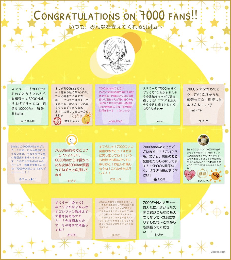 Stella_Spoon's tweet photo. みんなありがとう！
7000ファンをこんな祝ってもらえるとは…
たぬが集めてくれました！spoonも辞めて集めるの大変だと思うのに、なんて良い奴なんだ！！！(上から)
寄せ書きくれたみんなも本当にありがとう！
大切にします！ https://t.co/iKCvU0UtfK