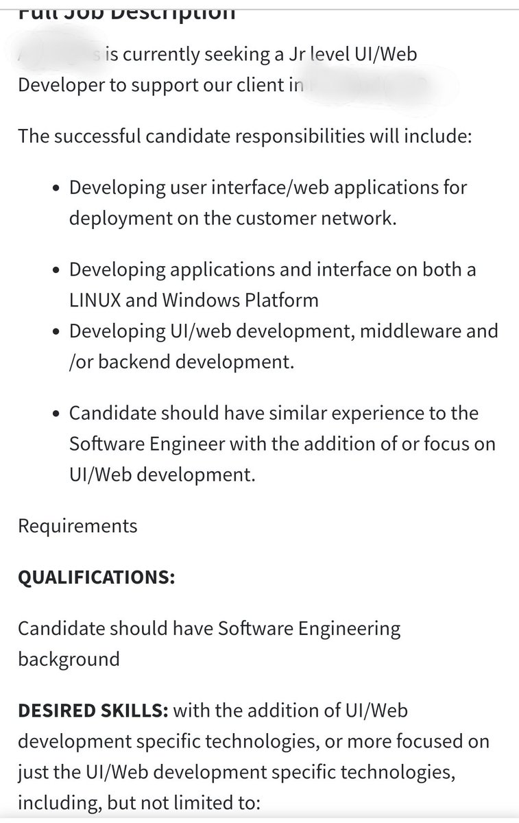 elyktrix's tweet photo. Look at this JUNIOR UI/Web Developer job post that lists 30+ "desired skills," but not limited to. Also they're willing to accept 4 years experience if you don't have a degree.🙃🙃🙃🙃 https://t.co/yLzG8srZPE