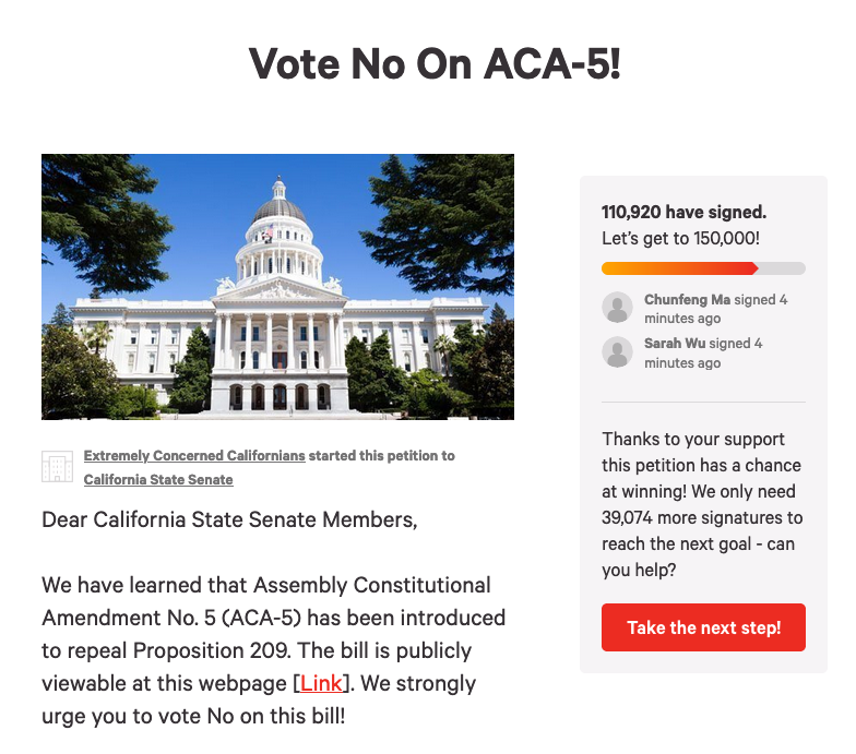 ECalifornians's tweet photo. 110,920 signed today in opposition to the racist bill ACA-5, and we will just keep counting!

Sign our #NoONACA5 Petition Now:
https://t.co/J82ZxEscwg

#NoACA5 #MeritOverRacism #ACA5IsRacism #VoteNoOnACA5
#FavoritismIsDiscrimination #NoRacialQuota https://t.co/pSY5AZoz47