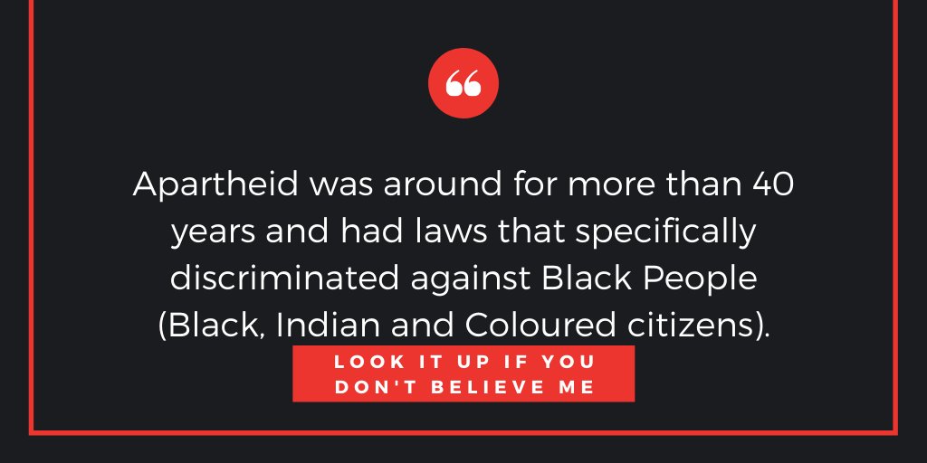 Apartheid Apologists and Political Propaganda Pushers that that are comparing BEE to Apartheid - you should really consider slaughtering a chicken or a goat and speak to your Ancestors. Apartheid was around for 40+ years and had specific laws that discriminated