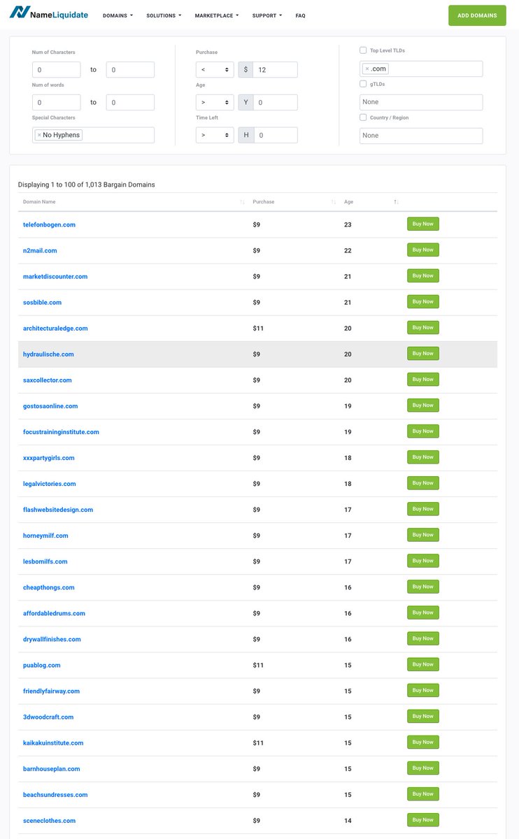 nameliquidate's tweet photo. How do you find aged .COM domains inside the /Bargain section?

- Go to /Bargain
- Open "Filter Domains"
- Enter your target price under "Purchase" and select less than ( < ) or more than ( > ).
- Add .COM to the TLD field. 

Find 3,935 Domains in the bargain section! https://t.co/Nnt4OsDPEU