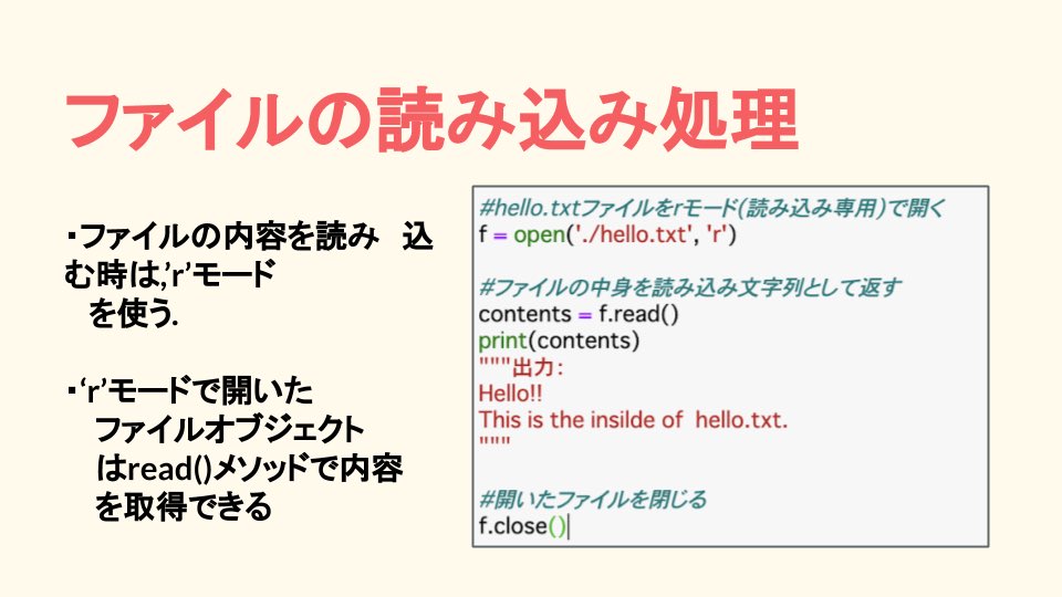 techgym_sendai's tweet photo. ãPython ã
Pythonã®åºæ¬çãªãã¡ã€ã«åŠçã«ã€ããŠã
open()颿°ã«ãã£ãŠãã¡ã€ã«ãªããžã§ã¯ããæäœããŸãã
ã¹ã©ã€ãã§ç޹ä»ããããªãã£ãéšåãããã®ã§æ°ã«ãªã£ãæ¹ã¯ãã²èª¿ã¹ãŠã¿ãŠãã ããïŒ
#techgym
#Python
#ããã°ã©ãã³ã° https://t.co/9aJrgQ20lM