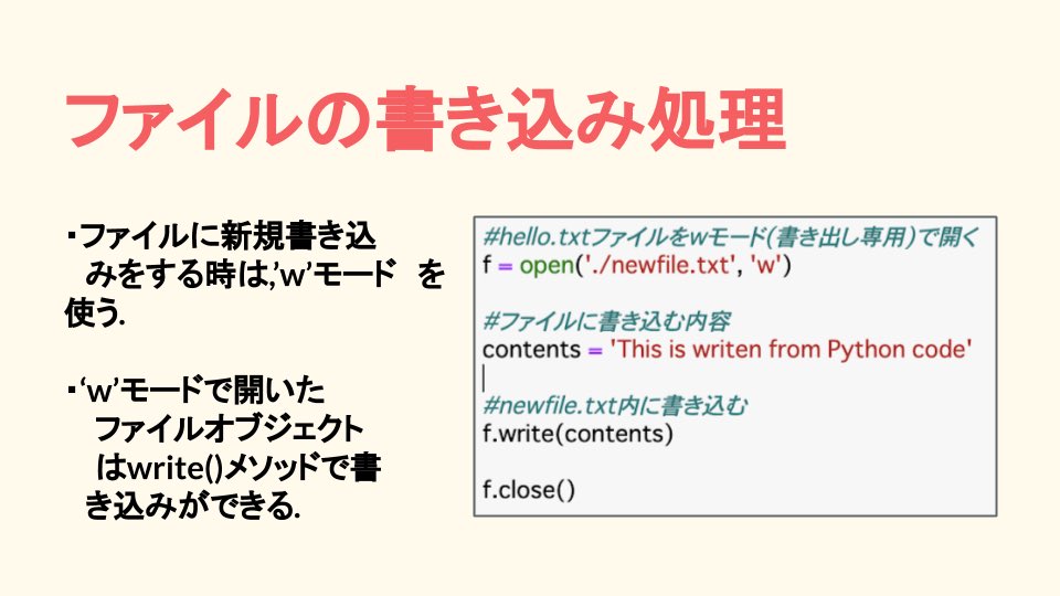 techgym_sendai's tweet photo. ãPython ã
Pythonã®åºæ¬çãªãã¡ã€ã«åŠçã«ã€ããŠã
open()颿°ã«ãã£ãŠãã¡ã€ã«ãªããžã§ã¯ããæäœããŸãã
ã¹ã©ã€ãã§ç޹ä»ããããªãã£ãéšåãããã®ã§æ°ã«ãªã£ãæ¹ã¯ãã²èª¿ã¹ãŠã¿ãŠãã ããïŒ
#techgym
#Python
#ããã°ã©ãã³ã° https://t.co/9aJrgQ20lM
