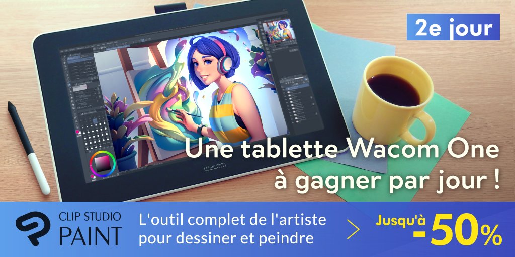 clipstudiopaint's tweet photo. Suivez le compte officiel de CLIP STUDIO PAINT et gagnez une Wacom One par jour simplement en retweetant ce tweet durant la période du concours ! Aujourd'hui, c'est le 2e jour. Encore 5 chances de gagner ! Plus de détails : https://t.co/2rZ9mVj3Yh https://t.co/kS9PUc0rYc