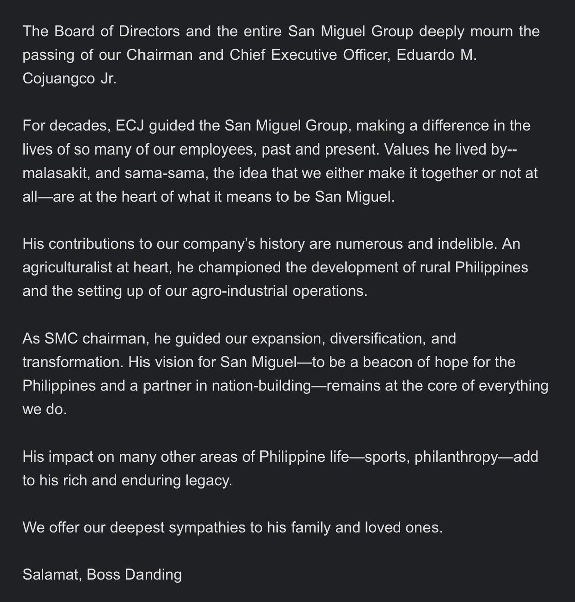 San Miguel Group statement on the passing of its Chairman and CEO Eduardo “Danding” Cojuangco, Jr.