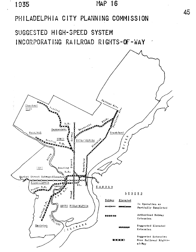 Previously unseen New Deal-era plans for massive subway expansion, either on-street or as railroad conversion. While Philadelphia got $0 for this $217M plan, Boston and Chicago both were able to expand their subways with Federal aid