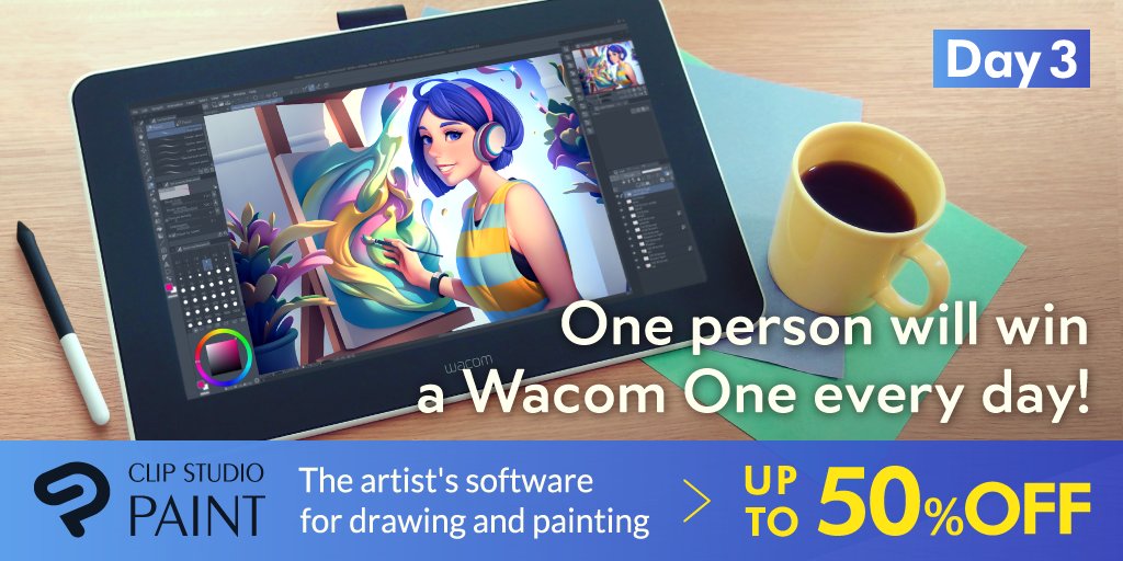 We're giving away a Wacom One every day for six days! Halfway through at day three – 4 chances left to win! Retweet this tweet and follow the Clip Studio Paint official account to enter! More info & entry rules here: clipstudio.net/promotion/give…