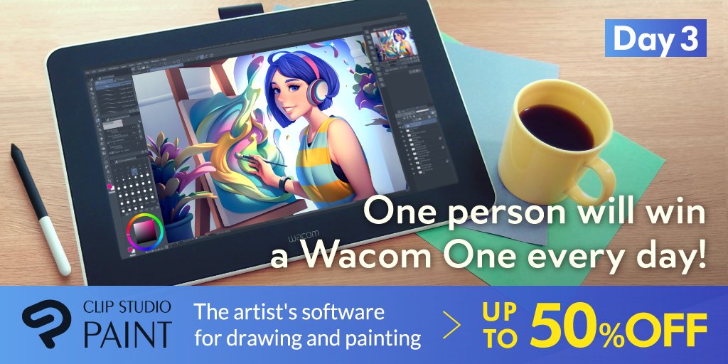 clipstudiopaint's tweet image. We're giving away a Wacom One every day for six days! Halfway through at day three – 4 chances left to win! Retweet this tweet and follow the Clip Studio Paint official account to enter! More info &amp;amp; entry rules here: clipstudio.net/promotion/give…