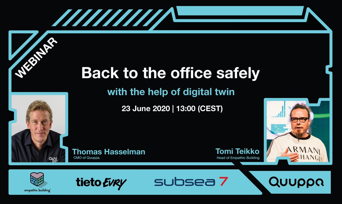 How to return to the office safely with the help of digital twin? Join our webinar to learn more!

📅 23 June
⏰ 13:00 CET
📢 @TomiTeikko, TietoEVRY &amp;amp; Thomas Hasselman, @QuuppaTech

Register now: <a href="https://t.co/i9PhsfI8Vu" target="_blank">bddy.me/3frxNx2</a> <a href="https://twitter.com/hashtag/empathicbuilding?src=hash" target="_blank">#empathicbuilding</a> <a href="https://twitter.com/hashtag/smartbuildings?src=hash" target="_blank">#smartbuildings</a> https://t.co/JWbgxnwCfe