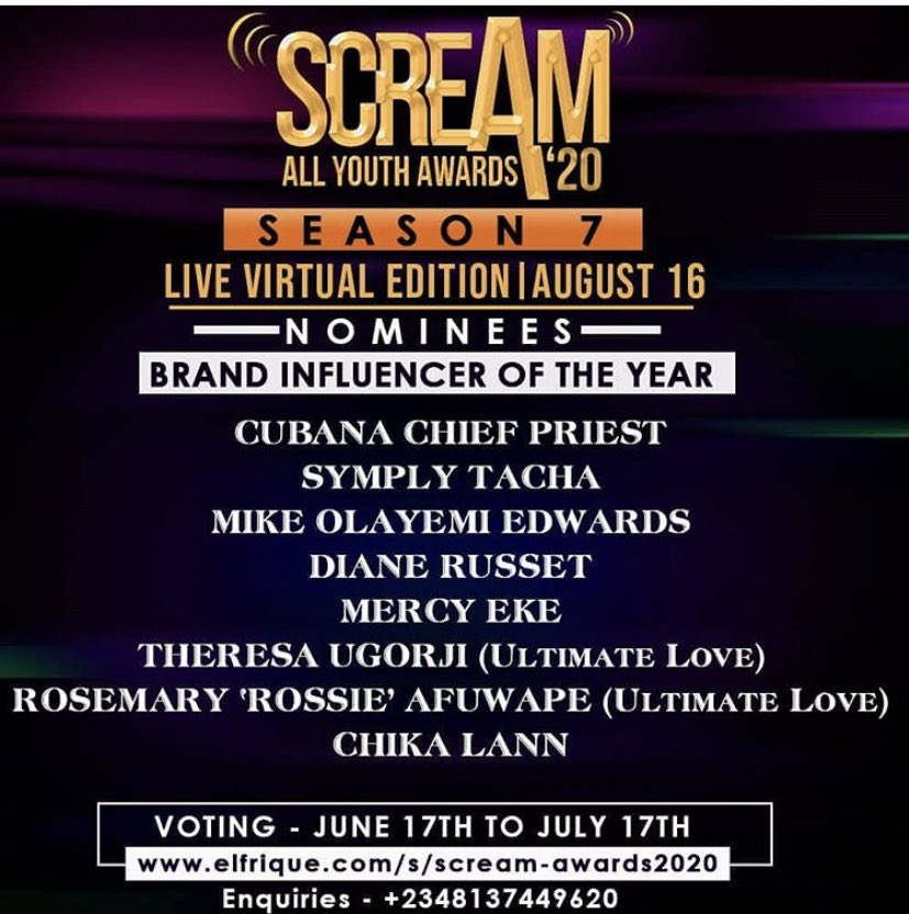  #Roknation A Thread -Pinned Tweet D Scream award begins 2day till 17th July,we can now vote 4 Queen Rosie.Below is d voting procedure,Nominated for 2 categories -“Emerging Celebrity of d year”-“Brand influencer of d year”VOTE !!! #RoksieTakesItAllFollow d thread 