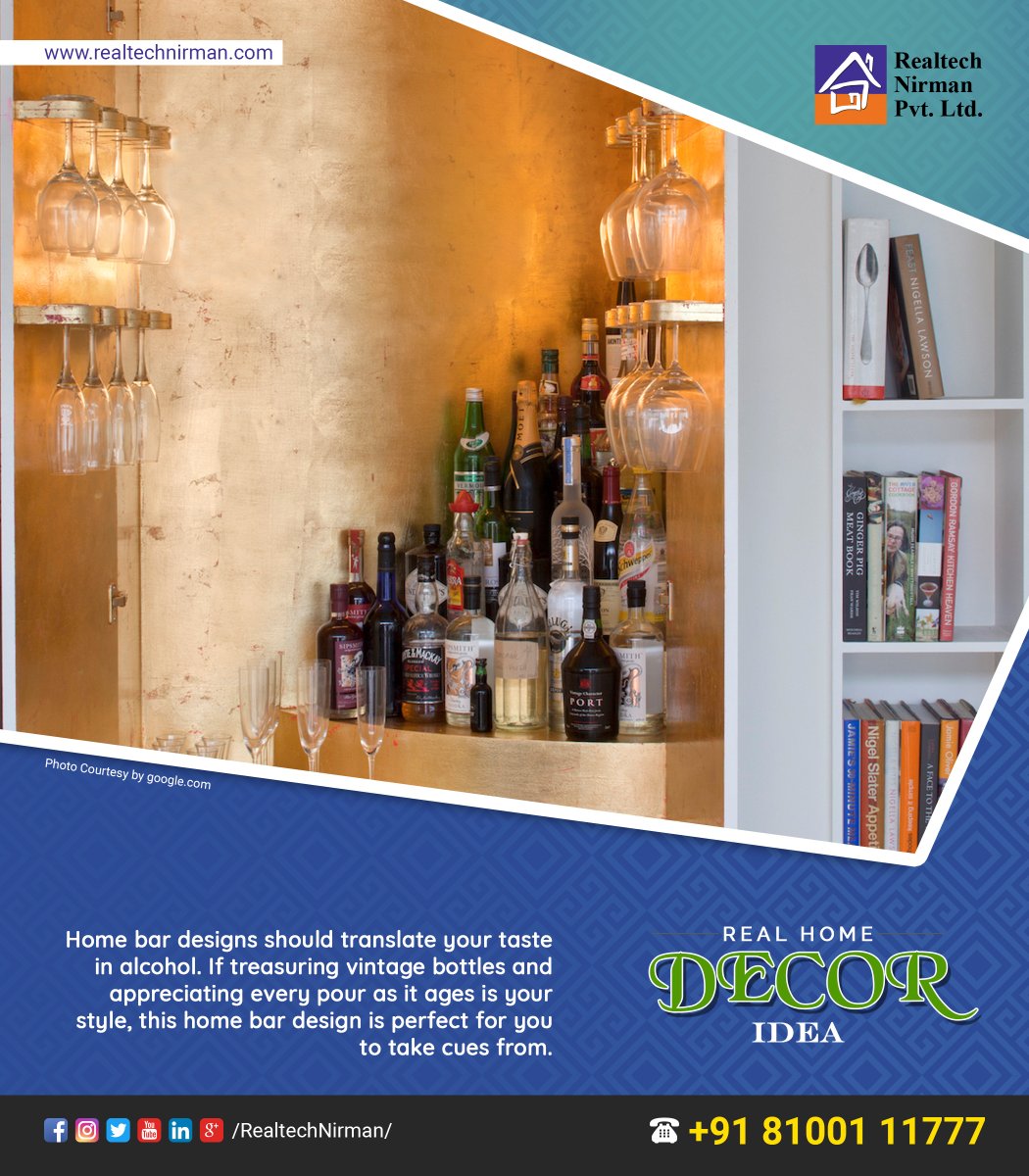 "#RealHomeDecor Tips:
Maroon and gold are two shades that, whenever clubbed together, spell royalty. The wooden cabinet and highchair make this home bar design a classic

#realestateproperty #realtechnirman #luxuryapartmentsinKolkata #luxury_apartments_in_Rajarhat"