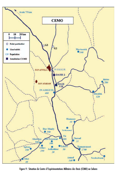 Les essais en galerie se déroulent plus au sud, à proximité d’In Ecker, à 150km au nord de Tamanrasset. Les militaires et les populations locales touaregs participent à la construction du CEMO (Centre d’expérimentations militaires des oasis).