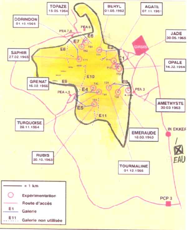 Entre 1961 et 1966, la France procède à 13 tirs souterrains dans un massif granitique du Hoggar, le Tan Afella. Les essais prennent le nom de « pierres précieuses ». Le 1er, « Agathe » se déroule le 7 novembre 1961.