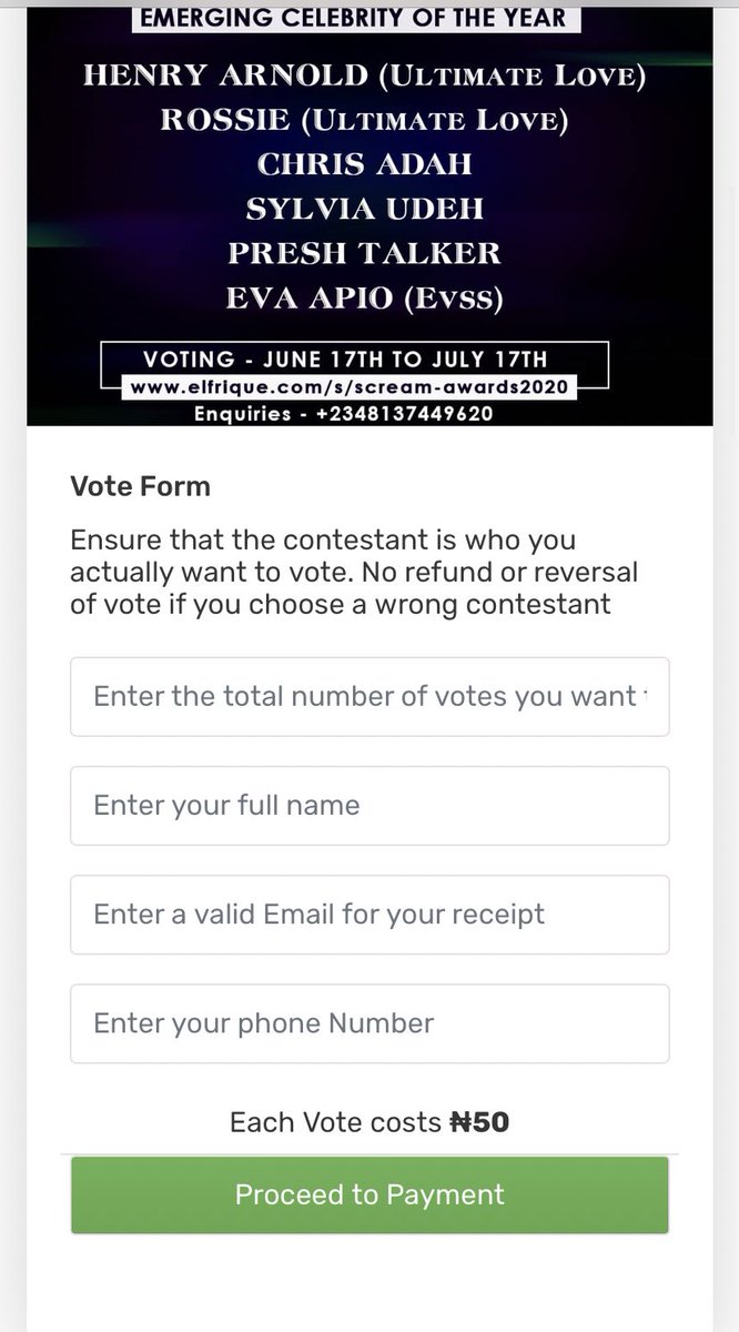 3. After selecting her category/name n clicking on d find contestant button It leads u to dis page - fill d “Vote Form” (Vote as many number of times as possible),name, email n number - Den click on proceed to payment  #Roknation  #RoksieTakesItAll Follow d thread