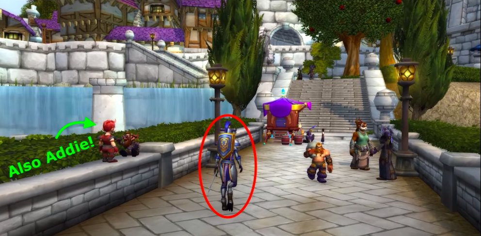 Setting apart that the intro replaces all cities with simply Stormwind, this trend continues with this guard - a Draenei in generic Stormwind armor. Why? It's unnecessary, there's already human guards in the intro. Why not diversify it by putting her in Vindicator gear?