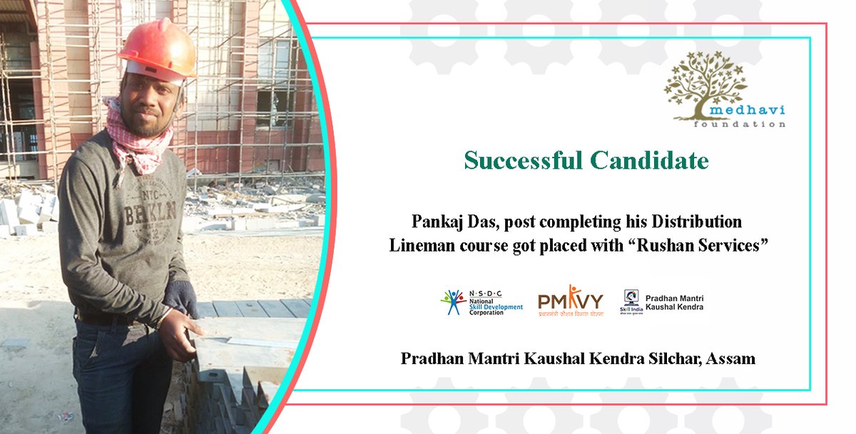medhaviskills's tweet photo. Pritam Das &amp; Pankaj Das

Distribution Lineman students of Pradhan Mantri Kaushal Kendra, Silchar, Assam are now happily working with “Rushan Services” NIT Narela, Delhi Location as Construction Electricians. 

We wish them good luck for their future endeavors!!

#SkillIndia #NSDC https://t.co/FsPLyGctp1