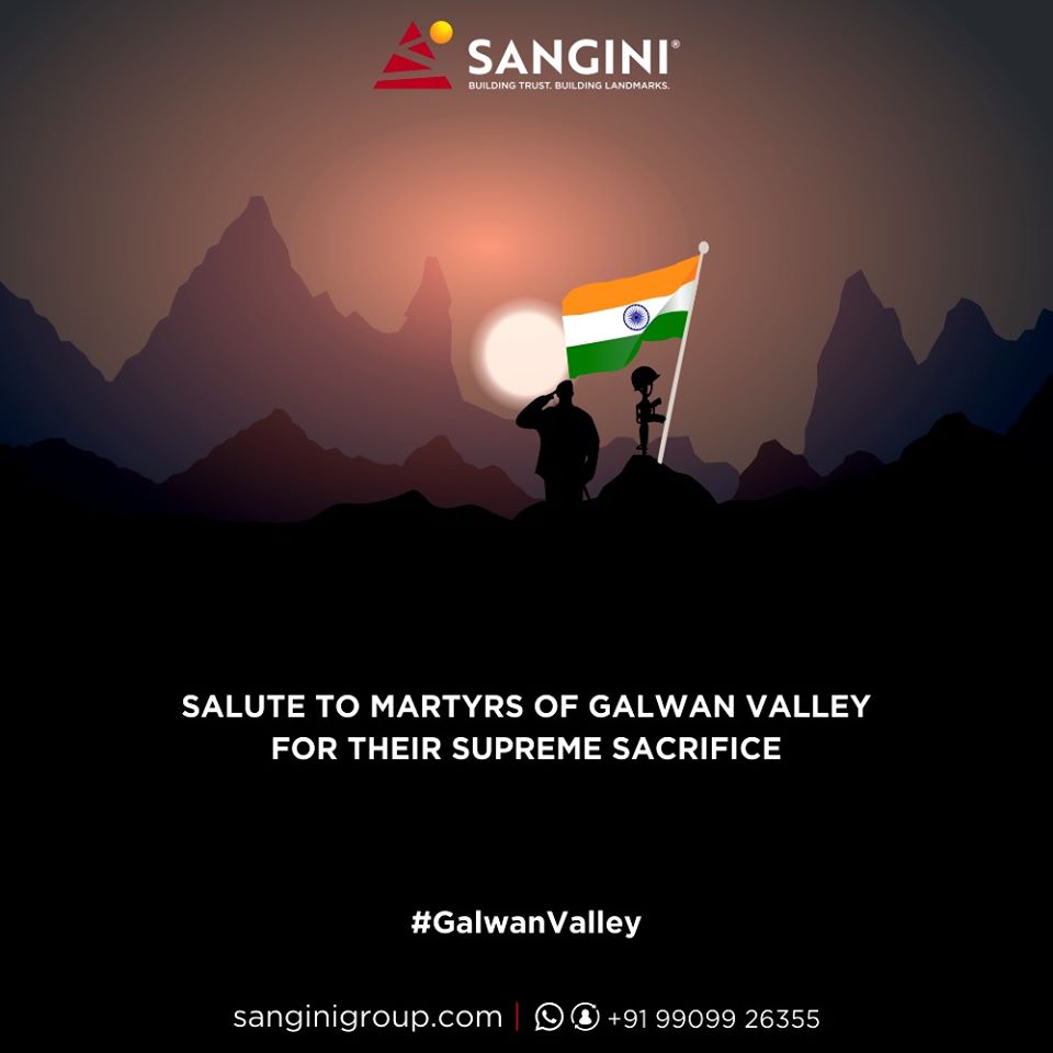 Sangini_Group's tweet photo. Salute to martyrs of galwan valley for their supreme sacrifice.

#GalwanValley #IndianArmy #IndiaChinaFaceOff #JaiHind #SanginiGroup #RealEstate #Surat #Gujarat #India https://t.co/1mnhYpsjkr